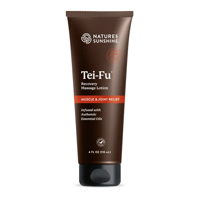 Nature's Sunshine Tei-Fu Recovery Massage Lotion tube on a white background