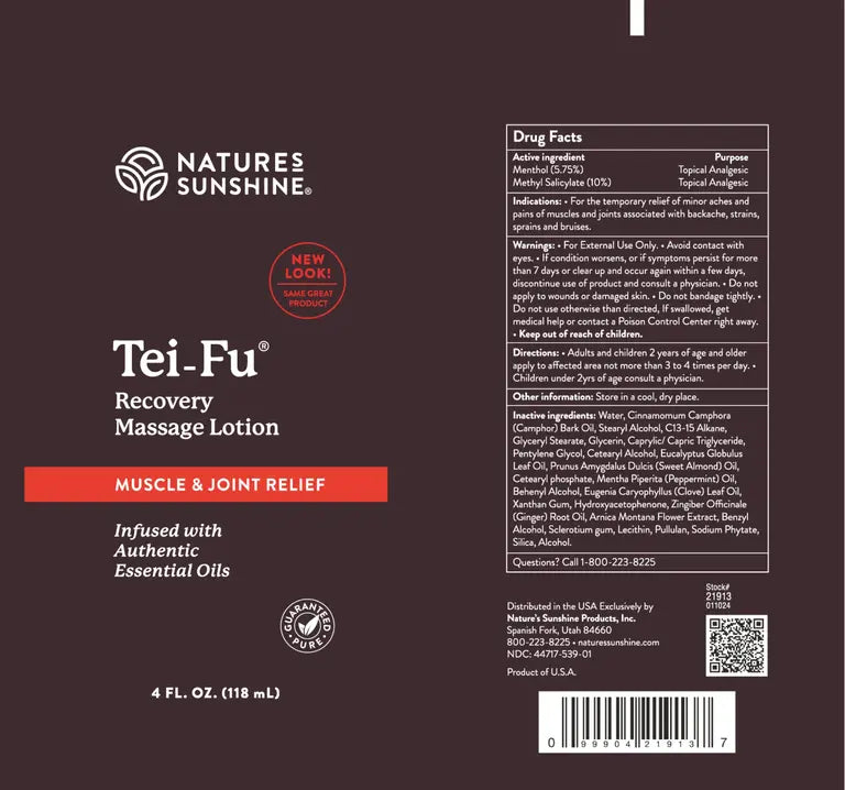 Natures Sunshine Tei-Fu Recovery Massage Lotion label with product details and branding.